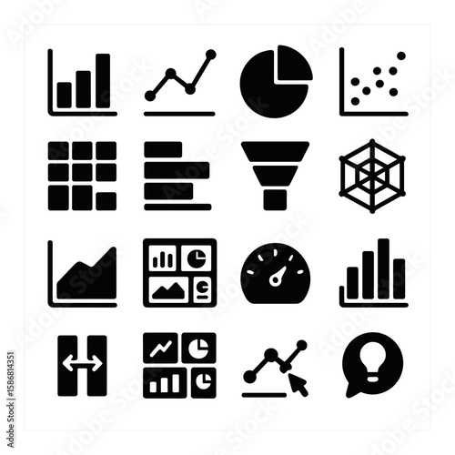 Data visualization icon collection: simple silhouette charts, graphs, dashboard, gauge, funnel