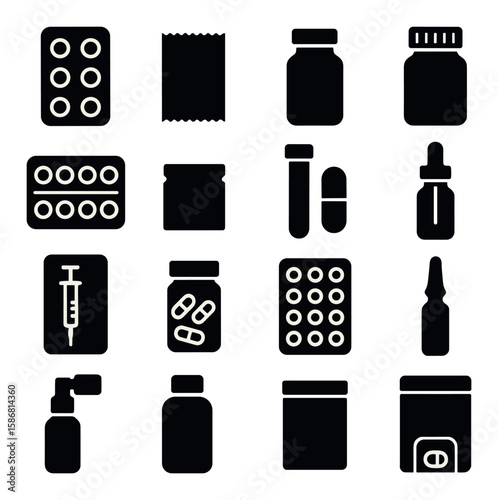 Pill packaging icon collection. medicine and pharmacy silhouette aspirin, bottle, syringe, blister, dropper