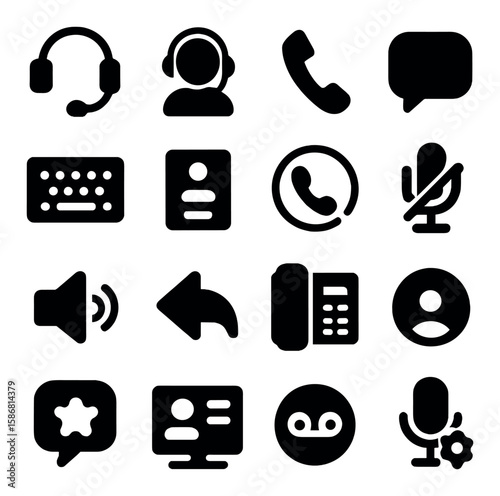 Call center icon collection: simple silhouette icons of headset, phone, mic, chat, user