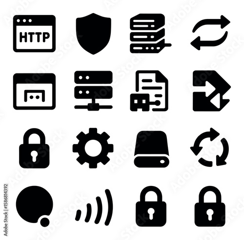 Network protocols icon collection. simple, silhouette style. http, security, server, synchronization, database, firewall, lock