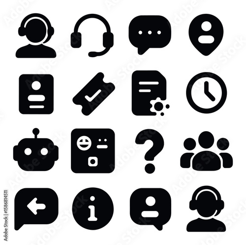 Customer support icon collection: simple silhouette icons for helpdesk, chat, call, faq