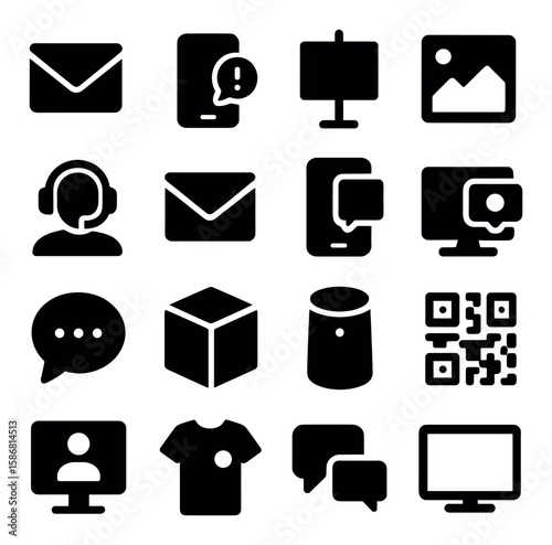 Omnichannel marketing icon collection. simple silhouette icons: email, chat, qr, headset, display