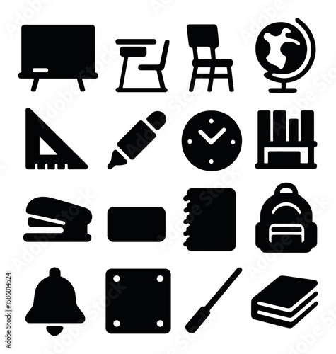 School icon collection: simple silhouette icons for classroom. desk, blackboard, globe, backpack