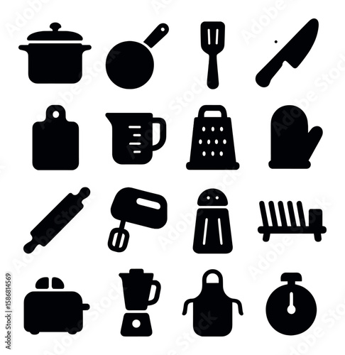 Sleek kitchen icon collection. cooking, utensils, silhouette set. pan, knife, blender, timer, mitt