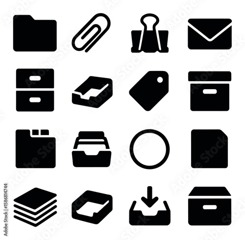 Organizer icon collection: silhouette office essentials – folder, clip, drawer, envelope, tag, bin