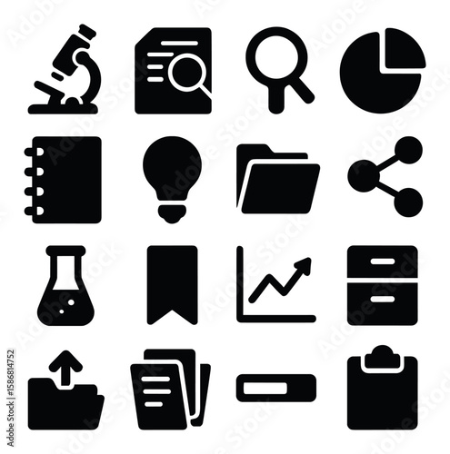 Research icon collection. scientific silhouette analysis: microscope, document, graph, folder, lab
