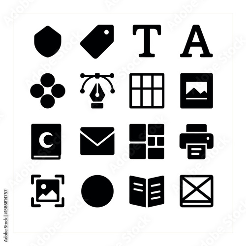 Design icon collection: simple silhouettes. shield, tag, text, flower, tool, mail, book