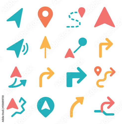 Navigation icon collection. colorful direction, map, gps, location, arrow, path, flat