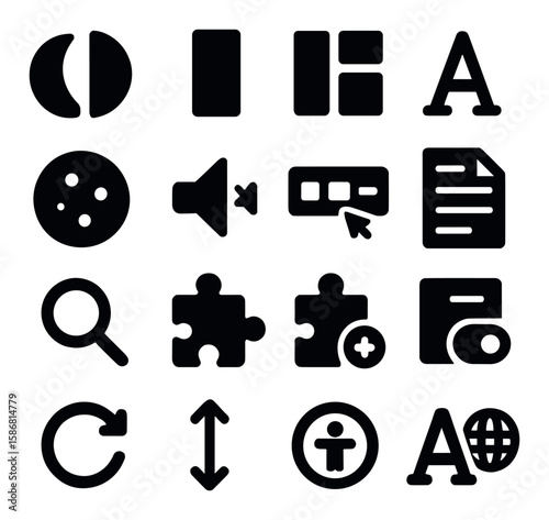 Website settings icon collection. simple silhouette icons: menu, volume, text, search, refresh, globe