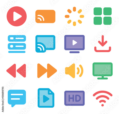 Streaming media icon collection. modern simple streaming icons: play, hd, download, wifi, speaker, linear