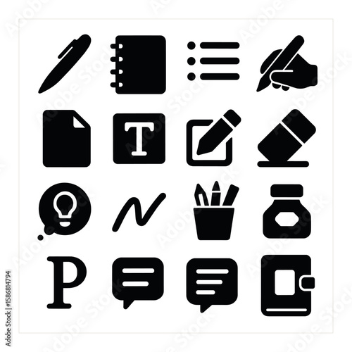 Writing icon collection: simple compose silhouette. pen, notebook, text, eraser, chat