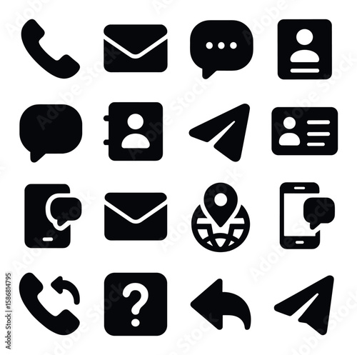 Contact icon collection. communication silhouette symbols. phone, email, chat, location