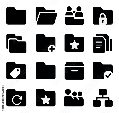 Folder system icon collection: simple silhouette icons for file, lock, star, network, box, check, tag tasks,