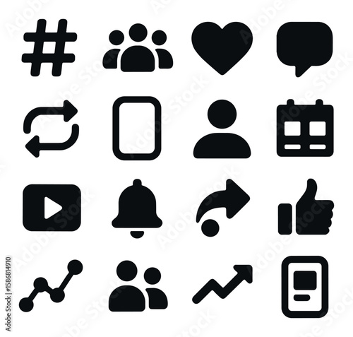 Social media icon collection. simple style includes hashtag, heart, graph, calendar, user, bell,