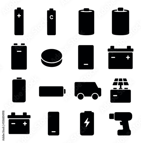 Silhouette battery icon collection. simple battery, car, solar, charger, drill