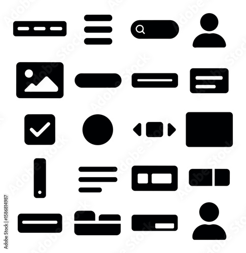 Ui icon collection: simple silhouette icons. button, search, user, image, text, checkbox, layout
