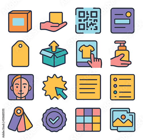 Modern product icon collection. simple product symbols in flat style: box, qr, tag, soap, badge