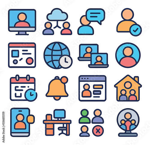 Remote team icon collection: simple linear communication, meeting, calendar, group, office