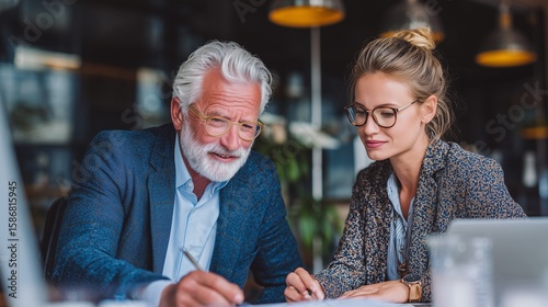 Two partners, colleagues, team of professional finance specialist business people working together. Mature mentor senior leader man, young woman manager discussing project sitting at desk in office