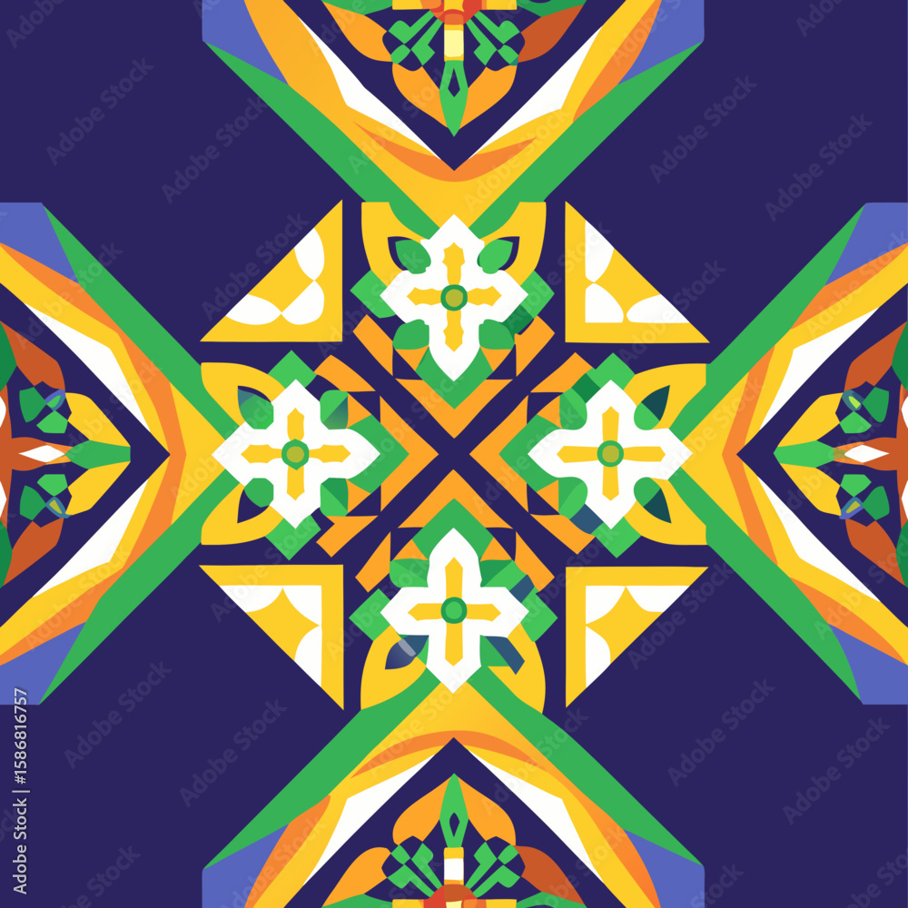 Naklejka premium Colorful geometric pattern with floral design on dark background 