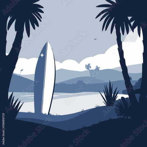 Surfboard near calm lake surrounded by palm trees and mountains  