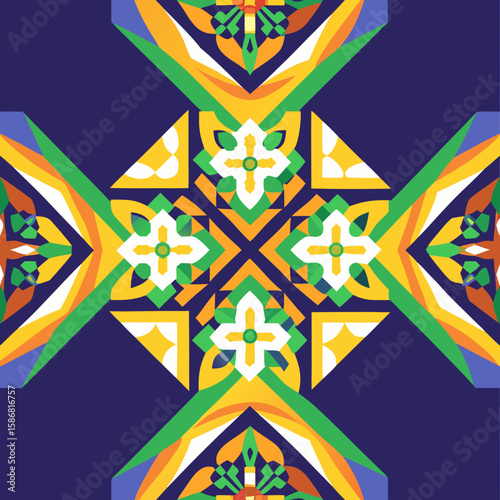 Colorful geometric pattern with floral design on dark background  