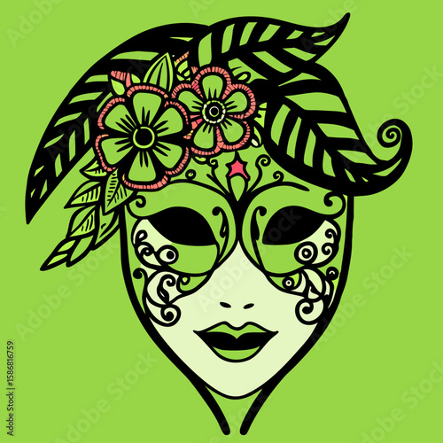 Artistic woman with floral mask and leaves on green background  