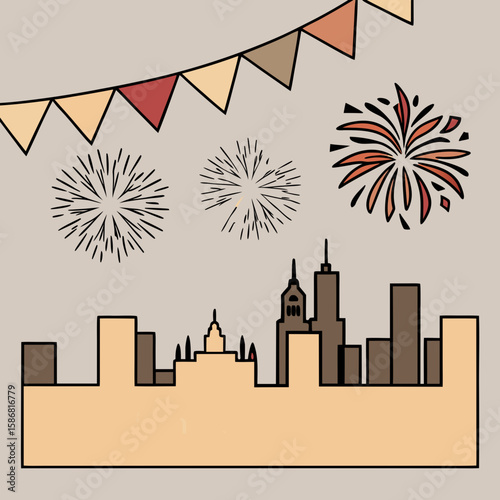 City skyline with fireworks and festive bunting decoration  