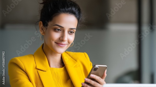 Young Indian business woman manager ceo using cell phone mobile app laptop. Smiling Latin Hispanic mature female businesswoman holding smartphone in office trading, reading, working online.
