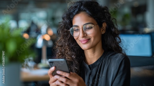 Young Indian business woman manager ceo using cell phone mobile app. Smiling Latin Hispanic mature female businesswoman holding smartphone in office trading, reading, working online.
