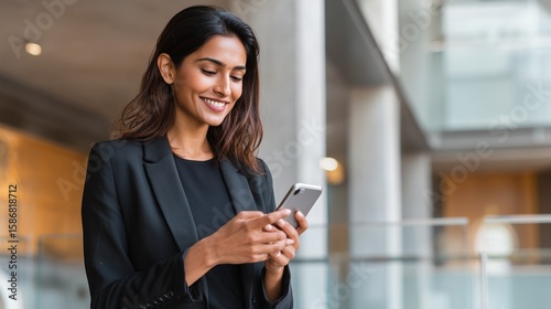 Young Indian business woman manager ceo using cell phone mobile app laptop. Smiling Latin Hispanic mature female businesswoman holding smartphone in office trading, reading, working online.