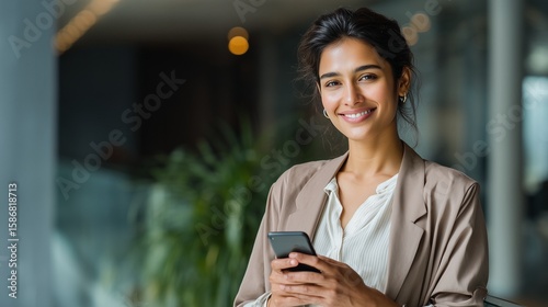 Young Indian business woman manager ceo using cell phone mobile app. Smiling Latin Hispanic mature female businesswoman holding smartphone in office trading, reading, working online.