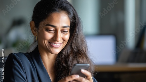 Young Indian business woman manager ceo using cell phone mobile app. Smiling Latin Hispanic mature female businesswoman holding smartphone in office trading, reading, working online.