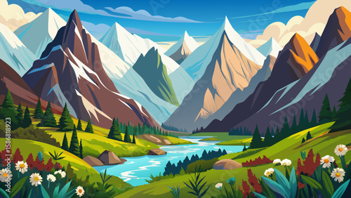 Ala-Archa National Park, Chüy Region, Kyrgyzstan – Jagged white mountains contrast with alpine meadows. Flowing rivers and wildflowers add natural color, forming a classic mountainous vector ready for