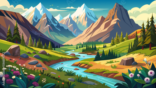 Ala-Archa National Park, Chüy Region, Kyrgyzstan – Jagged white mountains contrast with alpine meadows. Flowing rivers and wildflowers add natural color, forming a classic mountainous vector ready for