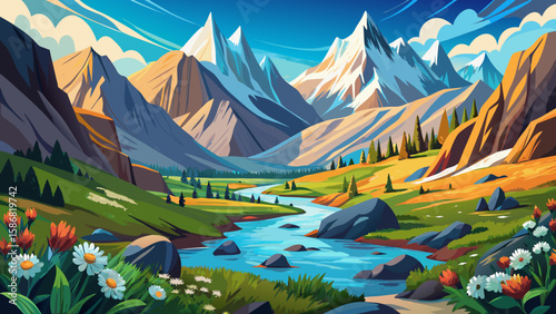 Ala-Archa National Park, Chüy Region, Kyrgyzstan – Jagged white mountains contrast with alpine meadows. Flowing rivers and wildflowers add natural color, forming a classic mountainous vector ready for