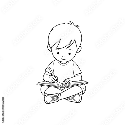 Outline Vector of Boy Sitting and Writing in a Notebook