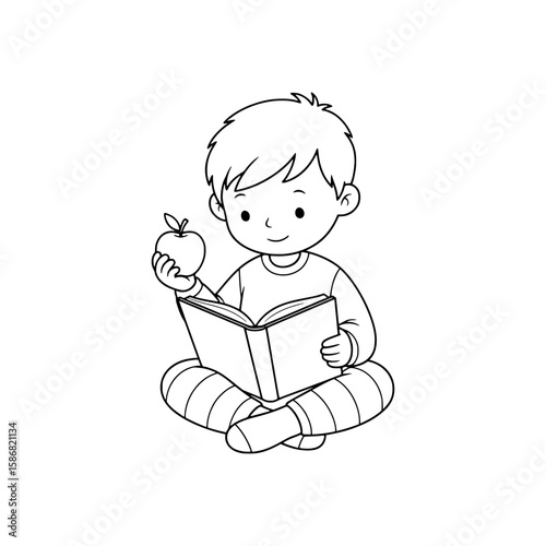 Outline Vector of Boy Sitting and Reading a Book Holding an Apple