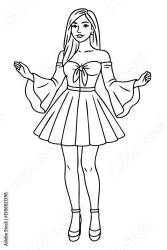 Coloring page of a fashionable young woman in a dress with flared sleeves and a bow on the chest.