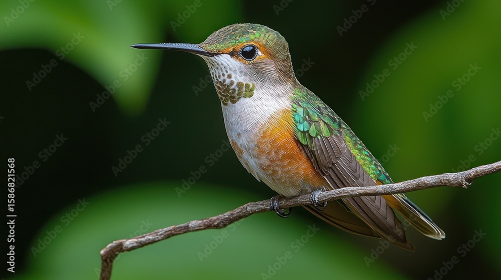 Obraz premium A hummingbird perches on a branch. Colorful bird with vibrant plumage. Close-up view. Nature shot