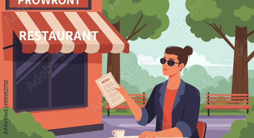 Stylish Man Enjoying Brunch While Reading Menu At Outdoor Restaurant Cafe