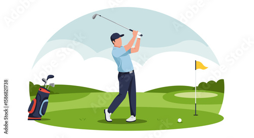 Golf Swing Illustration: Man Teeing Off on Green Course with Bag and Flag.