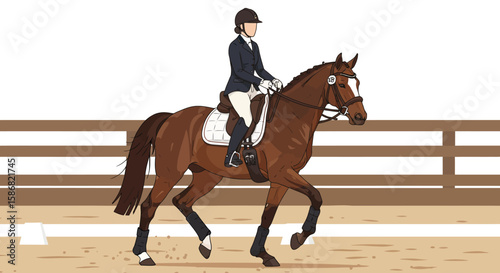 Animated Dressage: Rider and Chestnut Horse in Arena Performance.