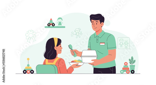Young Man Serving Food To Young Girl With Happy And Loving Care