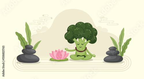 Zen Broccoli In Lotus Position Meditating With Stones And Pink Lotus Flower