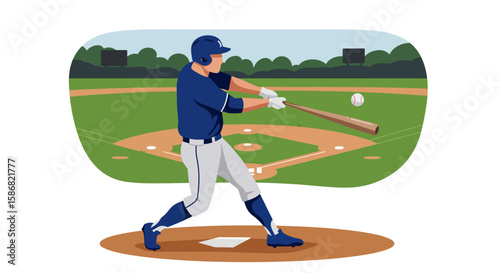 Baseball Player Swinging Bat on Field Vector Illustration Action Shot.