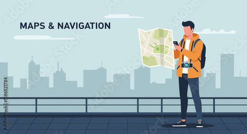 Young Man Uses Map and Phone App For Navigation In The Cityscape