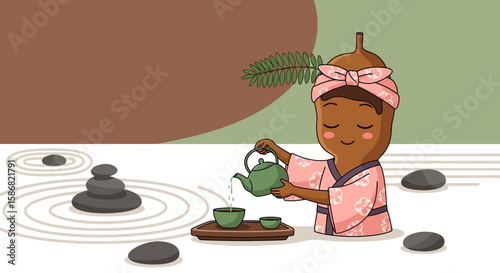 Zen Garden Acorn Character Enjoying Tea Time In Peaceful Stillness Illustration