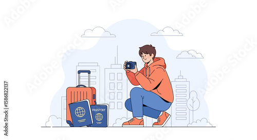 Young Tourist Capturing Cityscape Moment With Camera Ready For Adventures