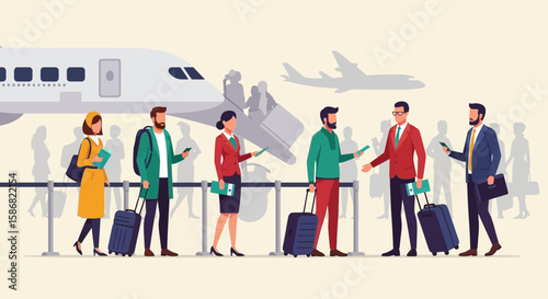 Stylish Travelers Boarding Plane For Vacation Or Business Trip Illustration